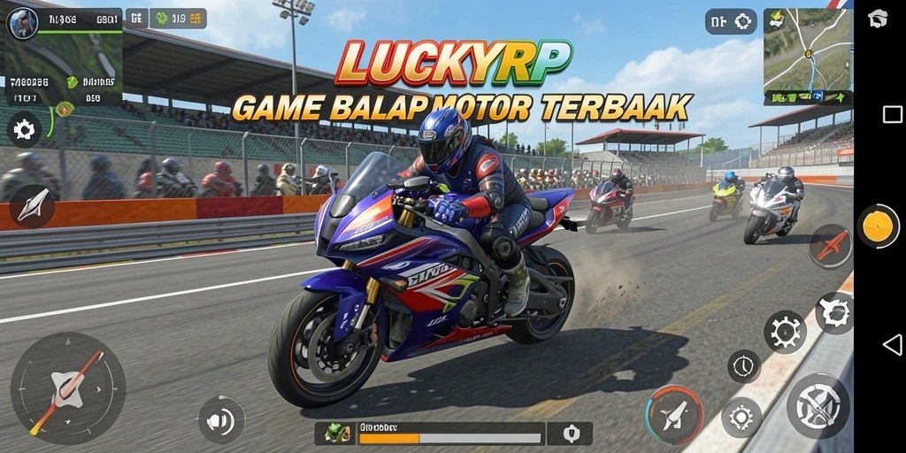 Screenshot gameplay LUCKYRP dengan aksi balapan motor yang mendebarkan.