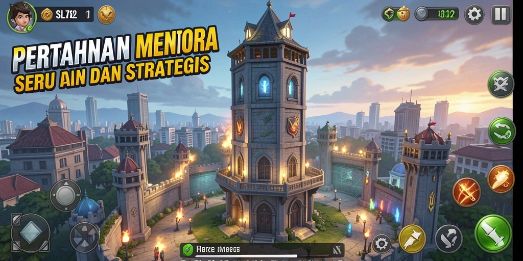 Tampilan gameplay SL72 dengan menara pertahanan yang strategis.